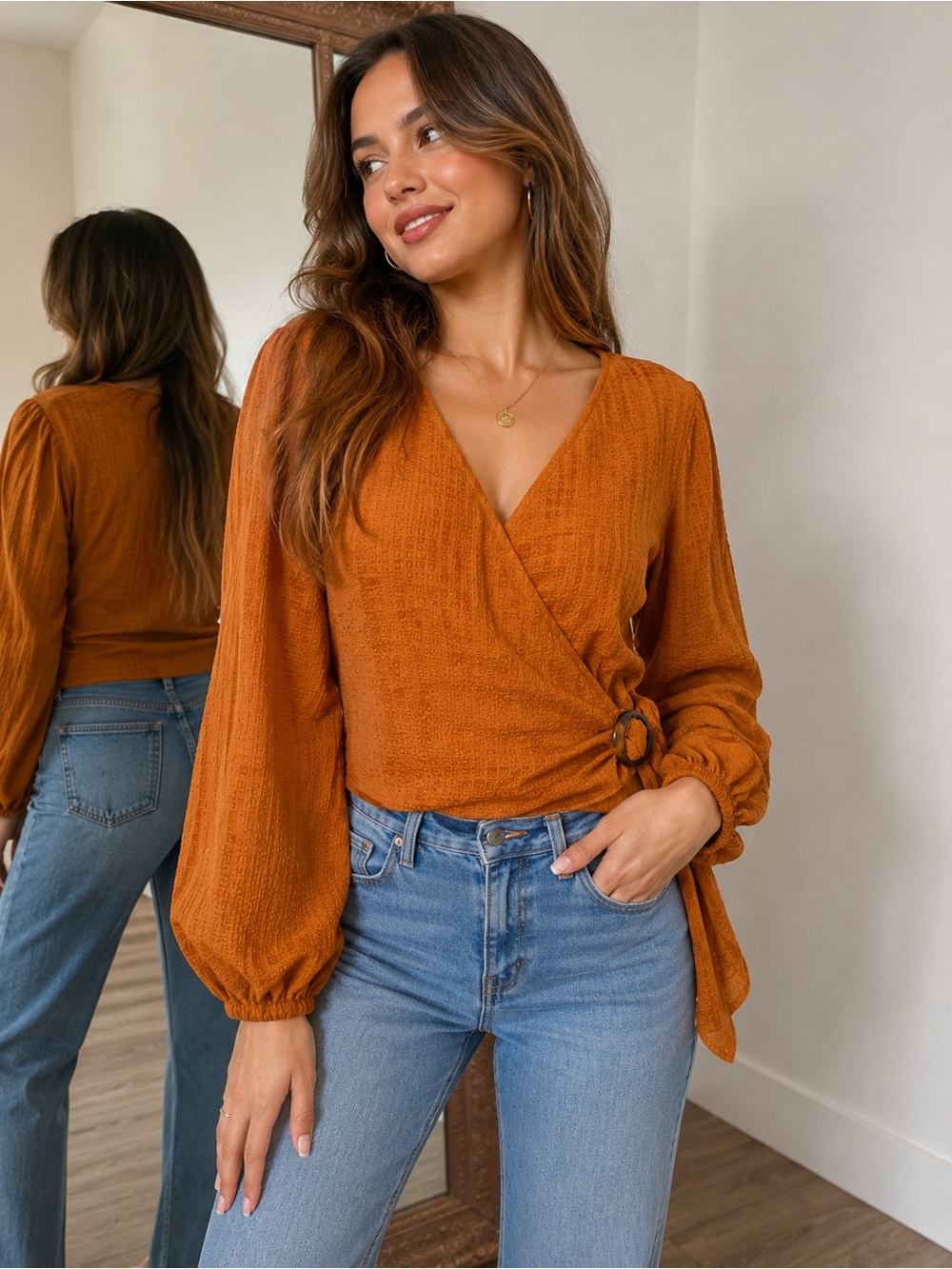Textured Wrap Blouse with Ring Detail in Rust